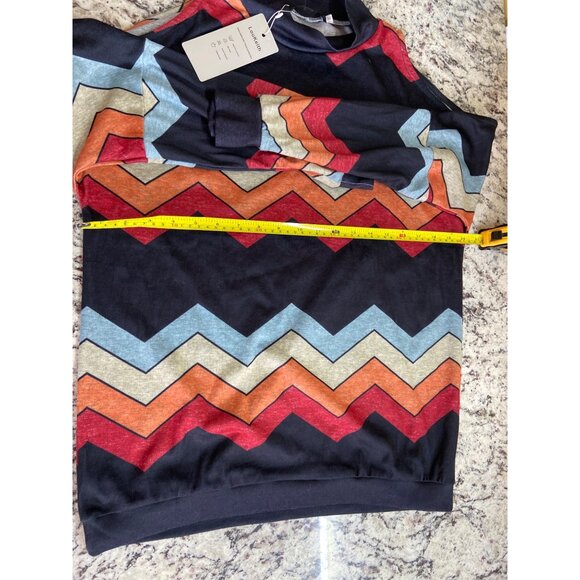 LouKeith Womens Medium Top Black Orange Blue Chevron Pattern Long Sleeve - Picture 7 of 10